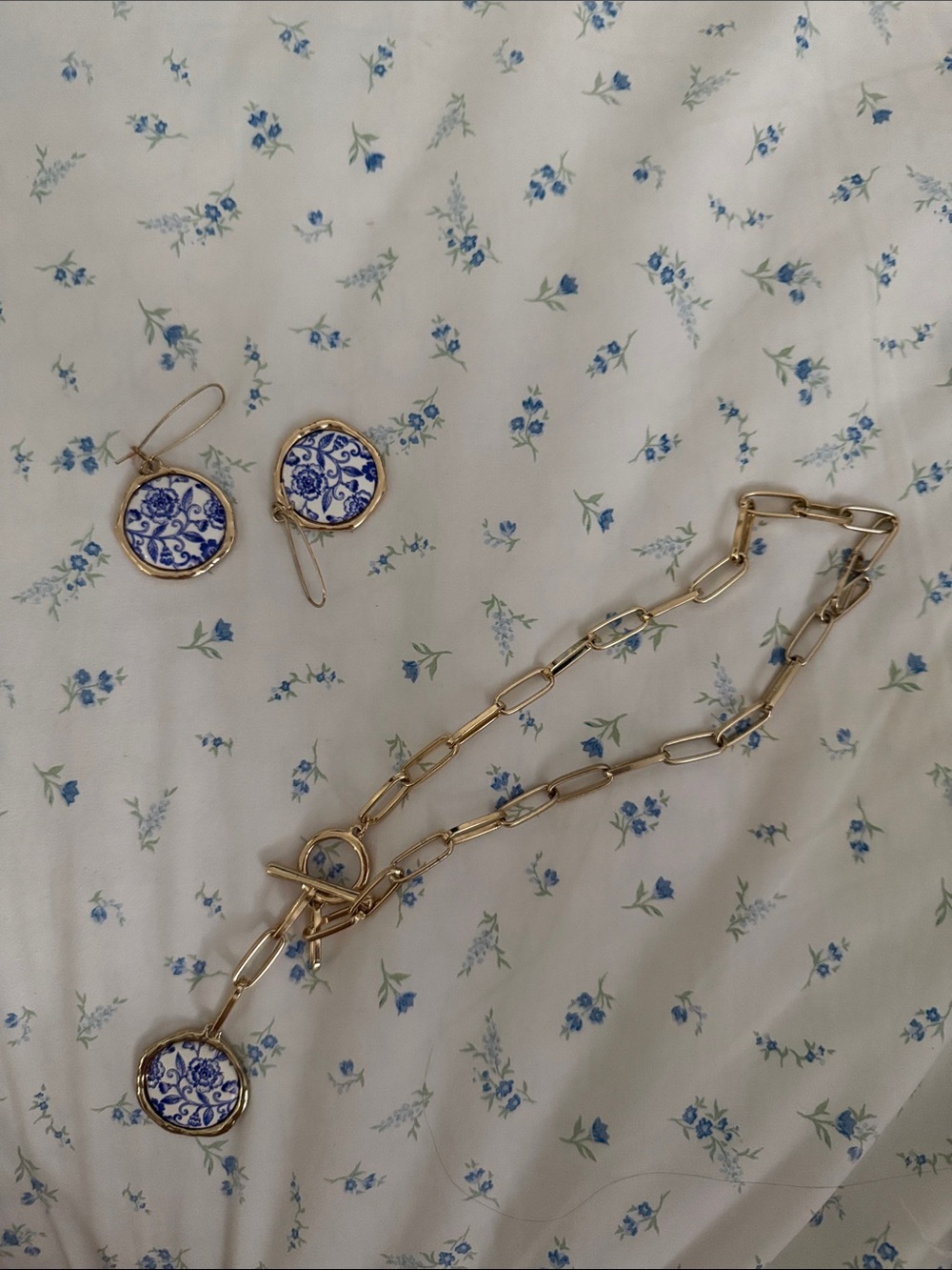 Gold Chain Necklace and Earrings Set with Blue Floral Medallions